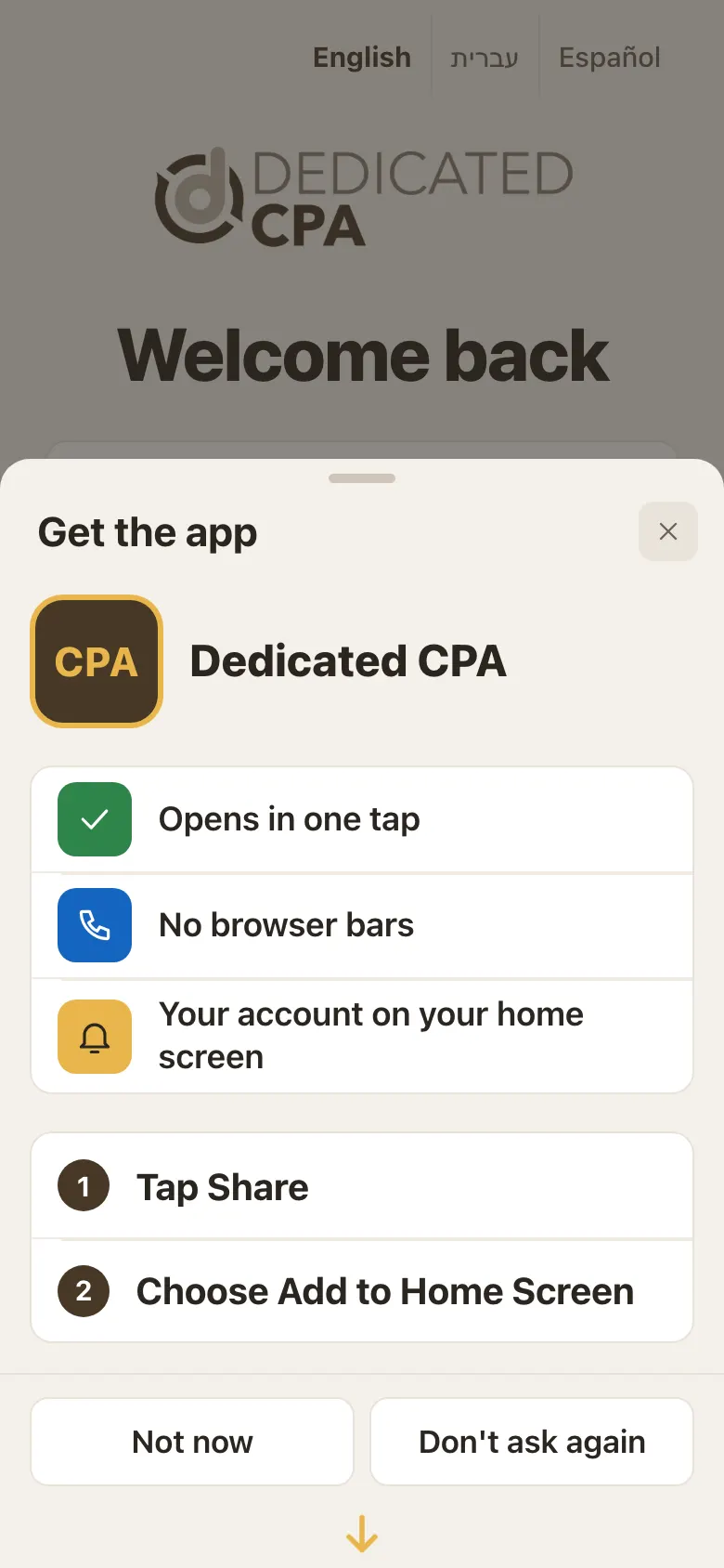 Get the app window over the sign-in page with the steps Tap Share and Choose Add to Home Screen