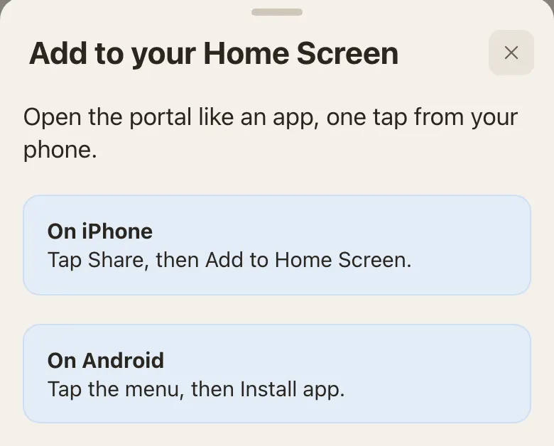 Add to your Home Screen window opened from the More tab with steps for iPhone and Android