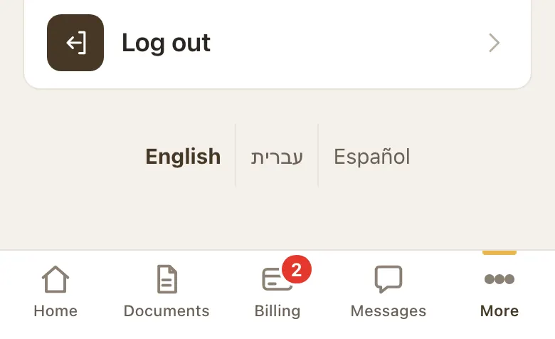 Bottom of the More tab with the language links English, Hebrew and Español
