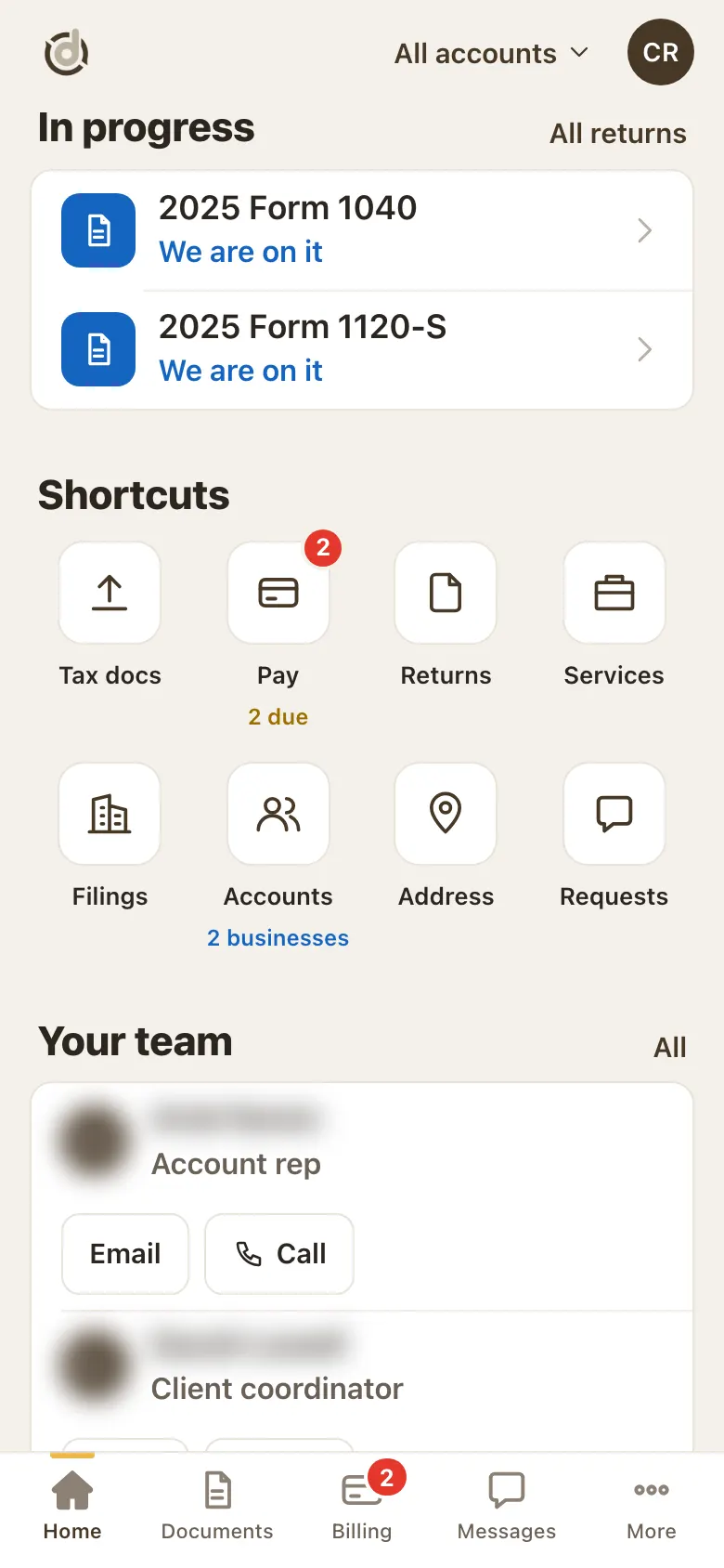 Home shortcuts grid and the Your team card with Email and Call buttons