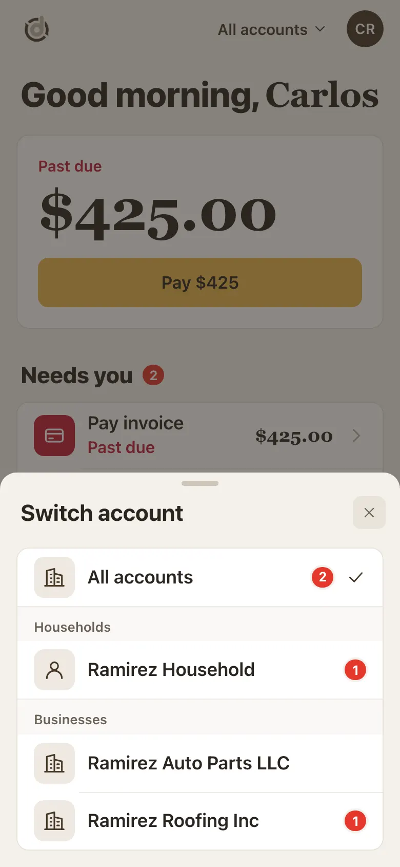 Switch account list with All accounts, Ramirez Household and two businesses