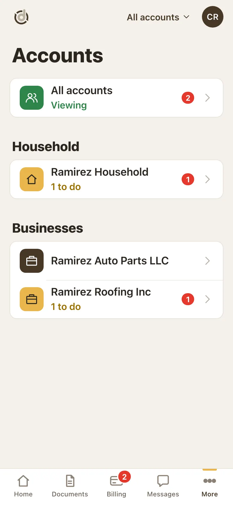 Accounts page listing All accounts, the household and businesses with to-do counts