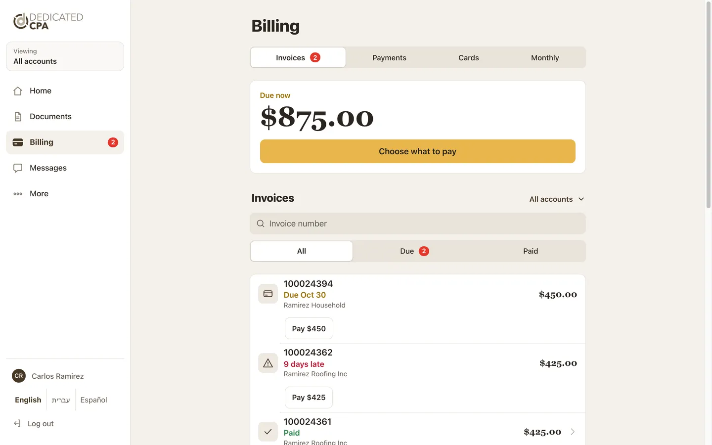 Billing page on a computer with the left menu showing Viewing All accounts