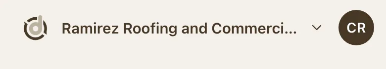 Phone top bar with the round logo, the account name Ramirez Roofing and Commerci… and the initials CR