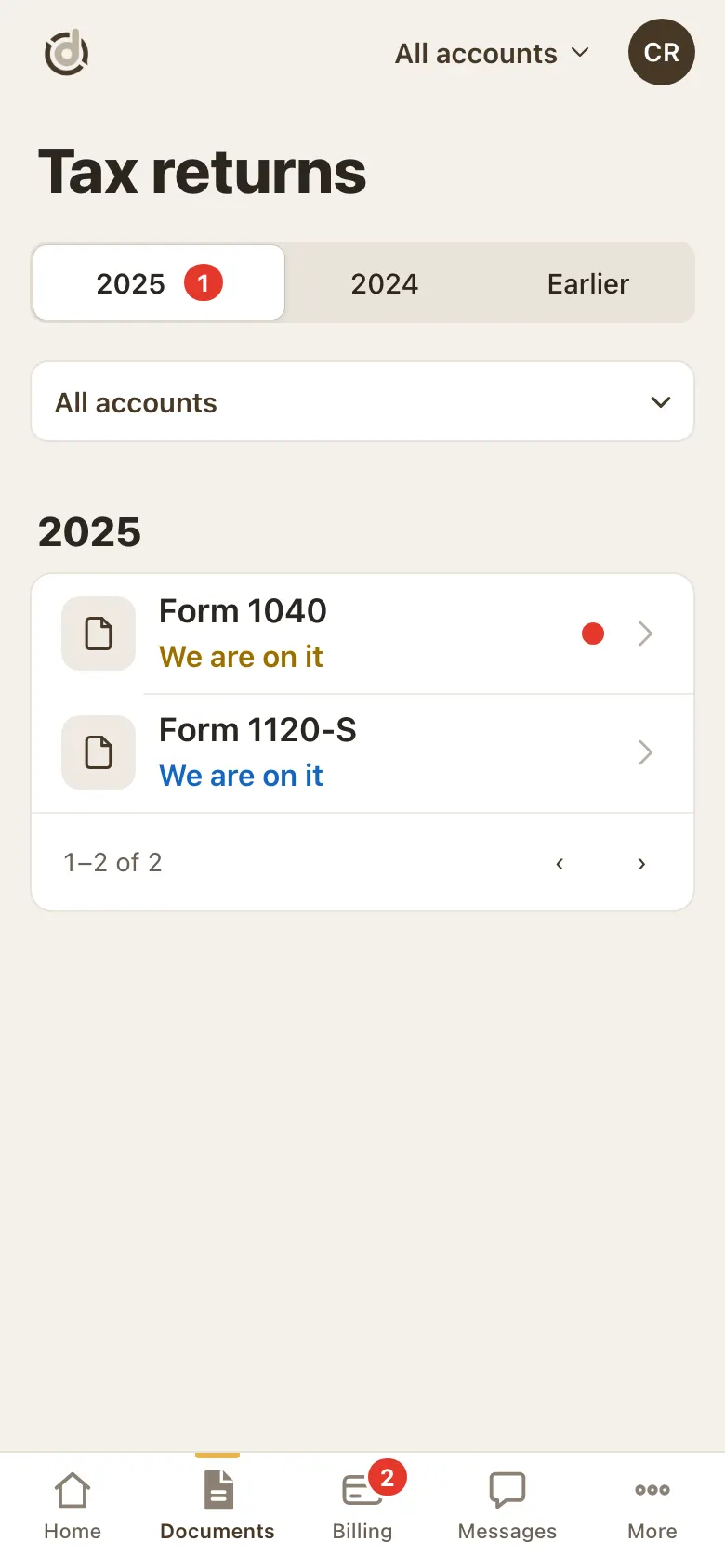 Tax returns list with year filters 2025, 2024, Earlier and two returns