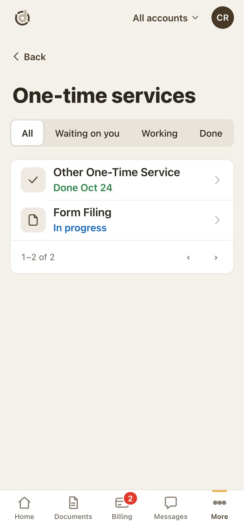 One-time services list with filters and two services: one Done, one In progress