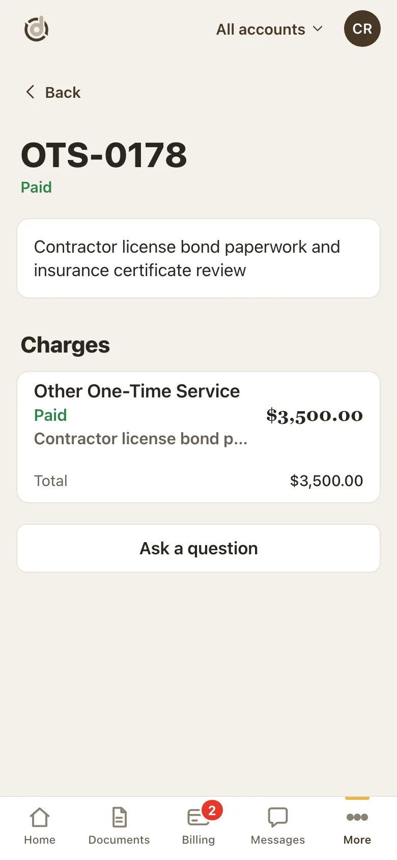 One-time service page with a description, Charges, Total and an Ask a question button