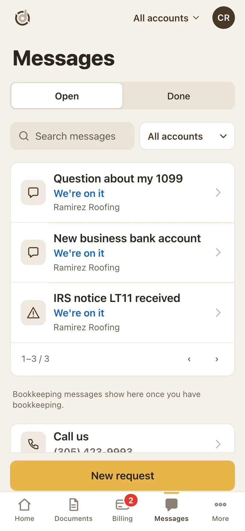 Messages tab with Open and Done, a search box, an account filter, three requests marked We're on it and a gold New request button