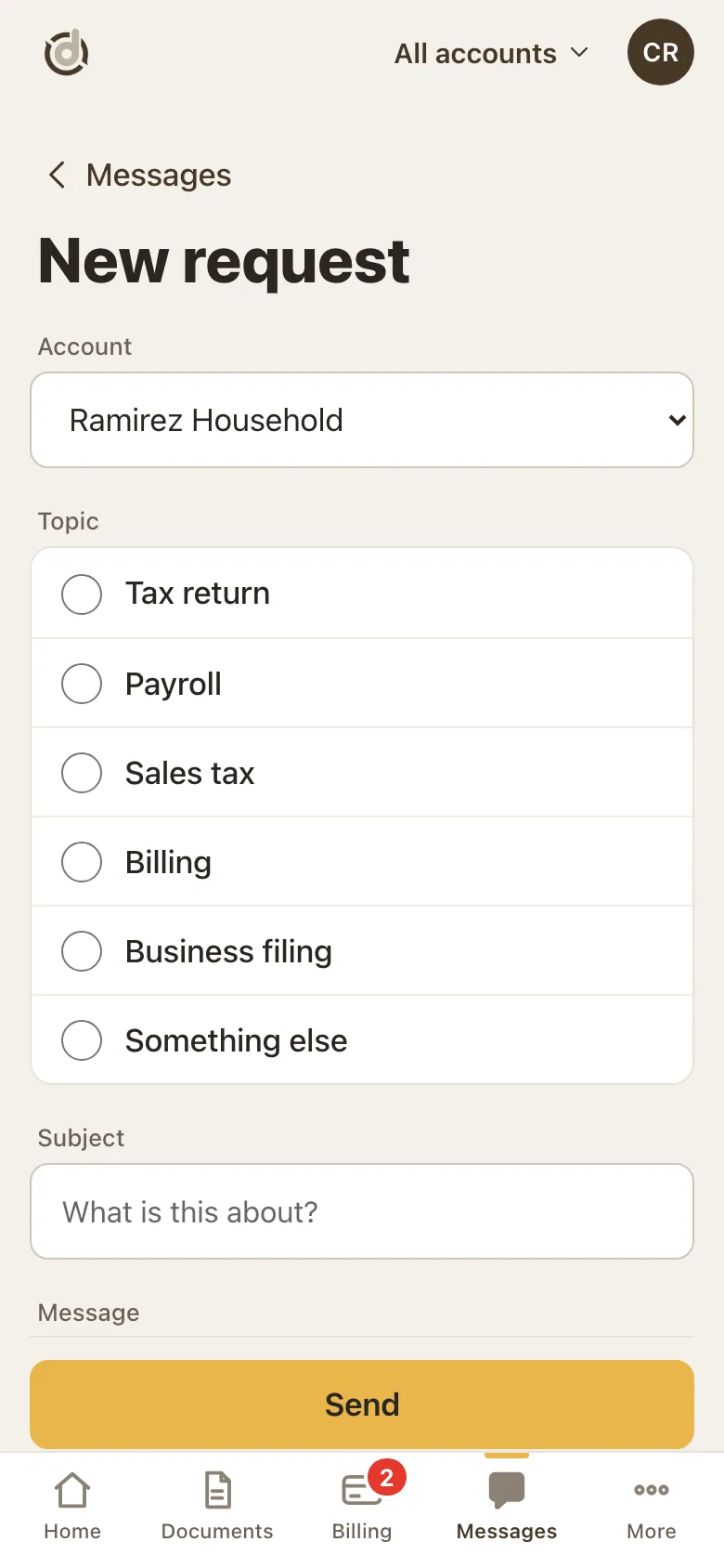 New request form with an Account picker and the topics Tax return, Payroll, Sales tax, Billing, Business filing and Something else