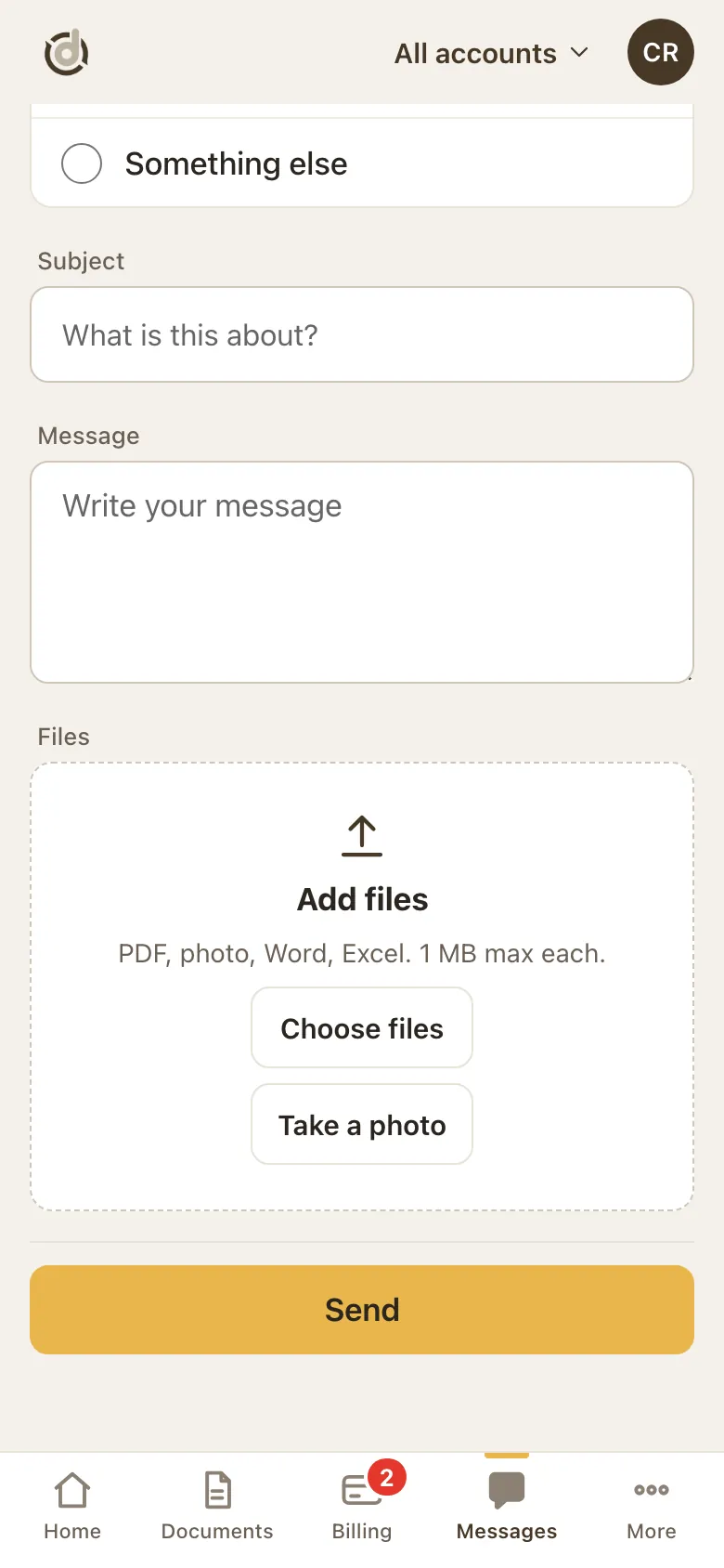 Bottom of the New request form with Subject, Message, an Add files box with Choose files and Take a photo, and a gold Send button
