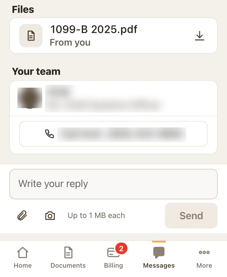 Bottom of a request with the Files list showing a file From you, Your team with a Call button, and the reply box with paperclip and camera