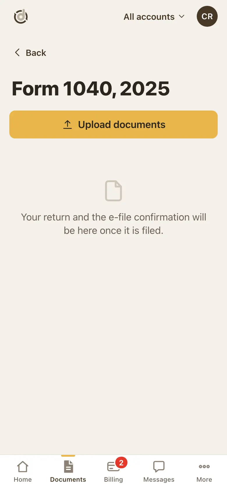 Tax return page with a gold Upload documents button