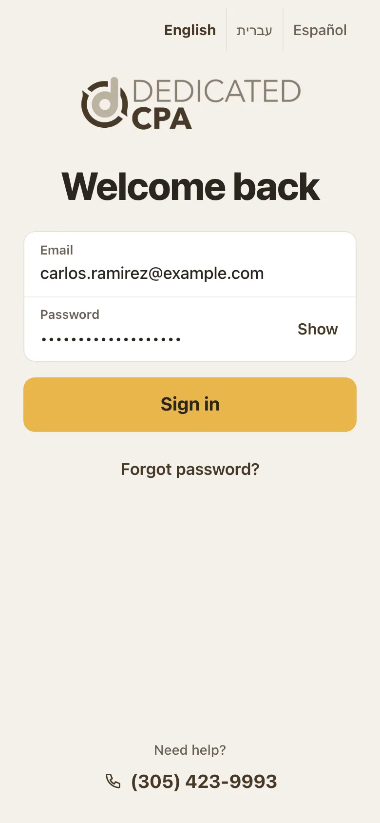 Sign-in page with an email typed in and a Show button next to the password
