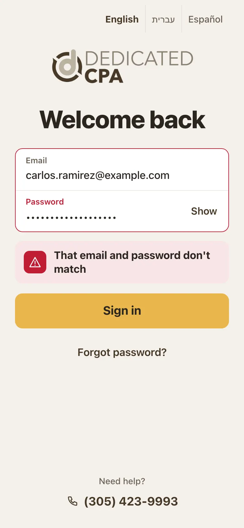 Sign-in page with a red message: That email and password don't match