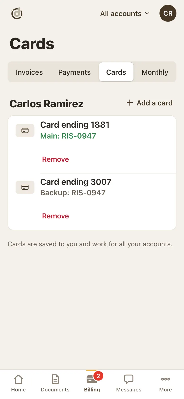Cards page listing Card ending 1881 marked Main and Card ending 3007 marked Backup, each with Remove
