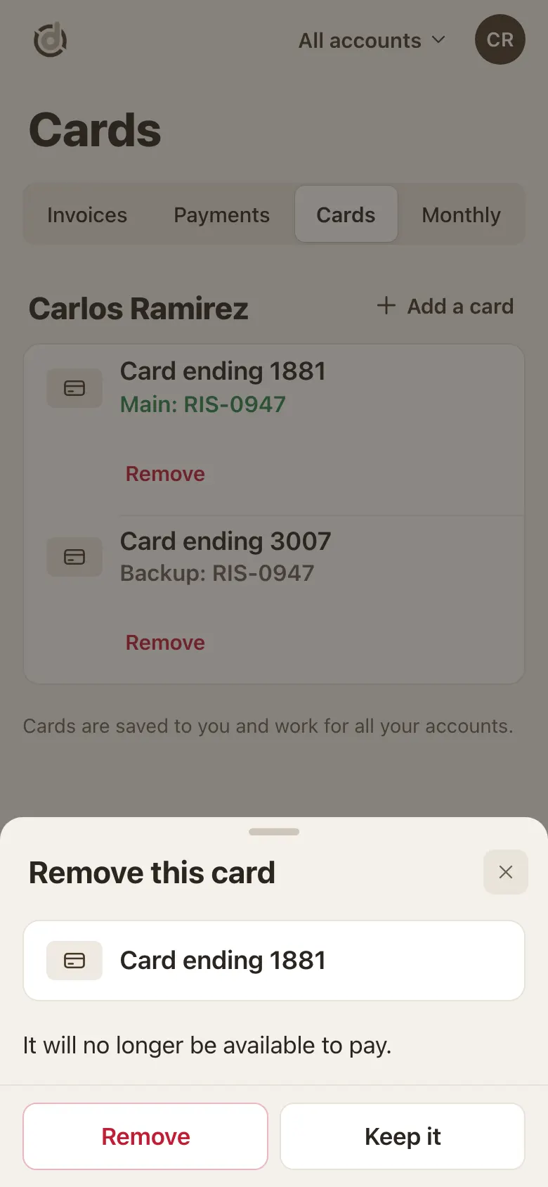 Remove this card window: It will no longer be available to pay, with Remove and Keep it buttons
