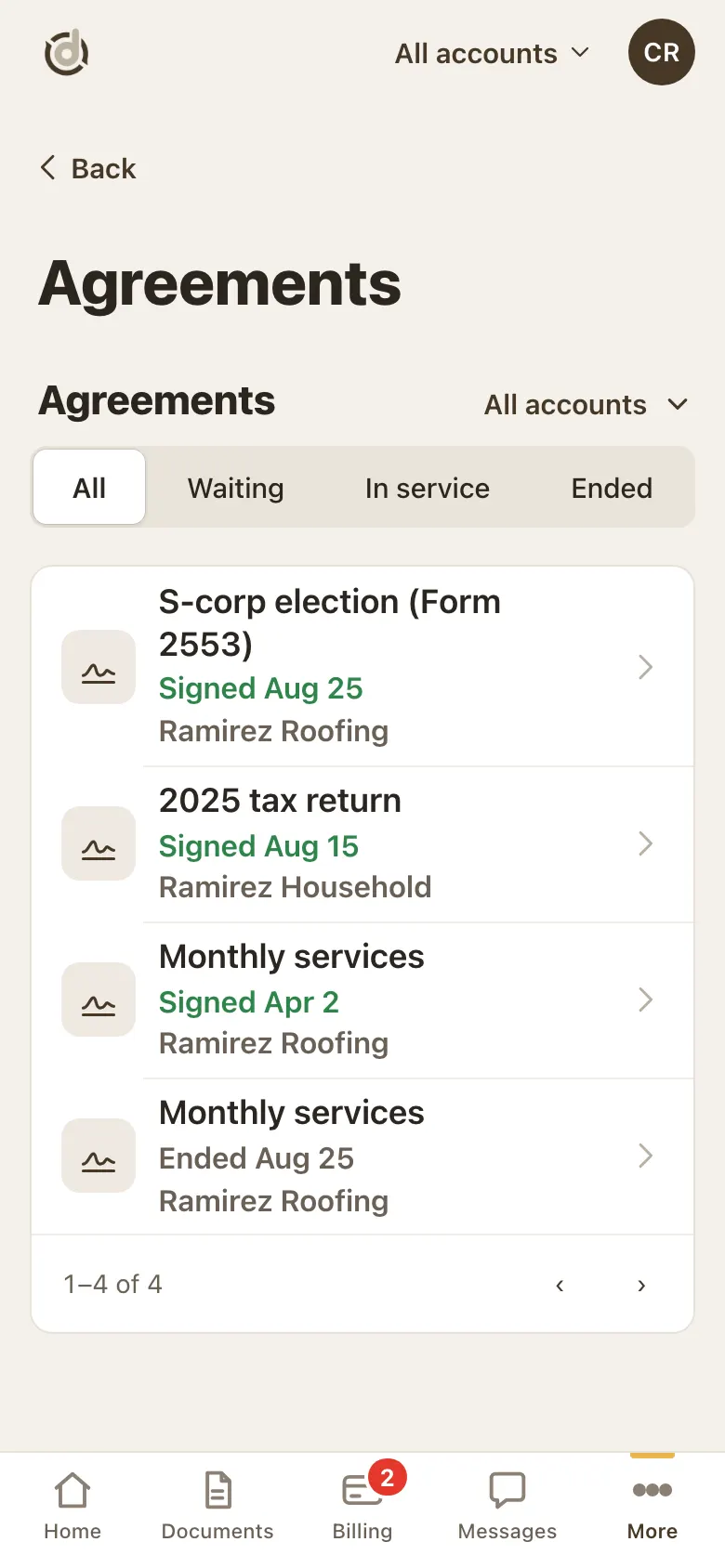 Agreements list with filters All, Waiting, In service, Ended and four agreements