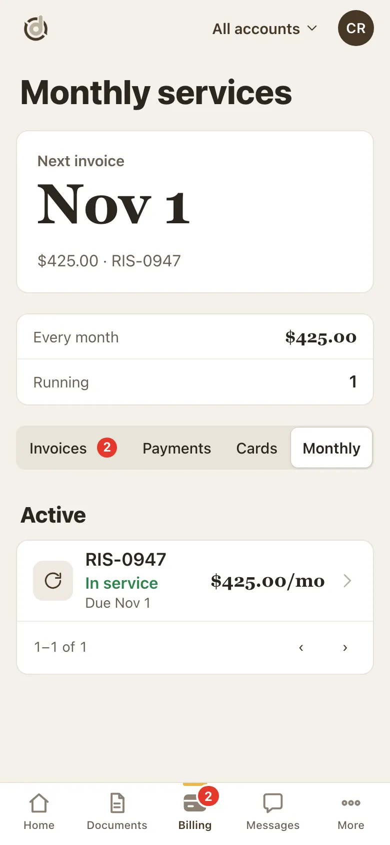 Monthly services page showing Next invoice Nov 1 and one active service with $425.00/mo