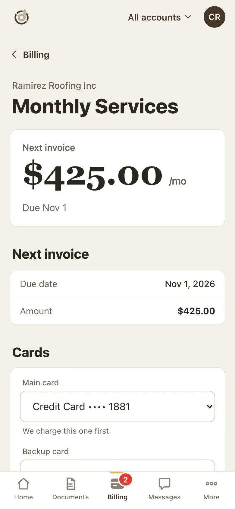 Monthly service page with the next invoice amount and the Cards section