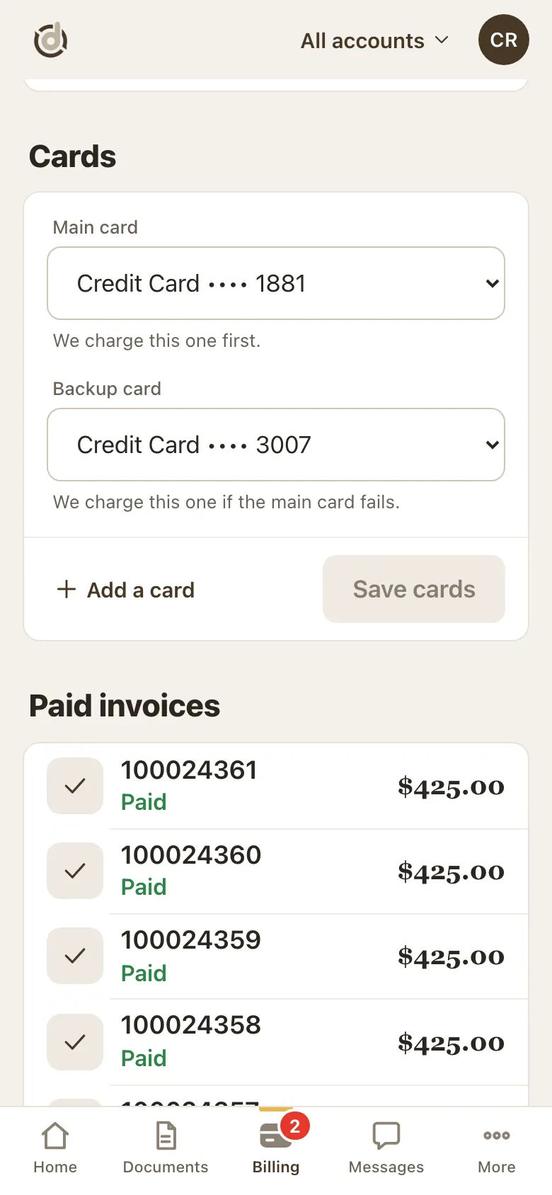 Cards section with Main card and Backup card pick lists, Add a card and Save cards