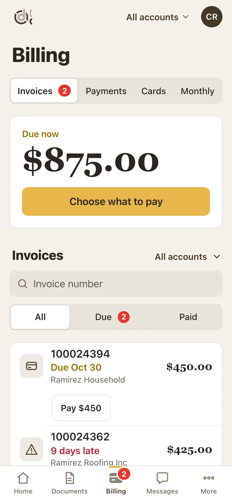 Billing tab showing Due now $875.00, a gold Choose what to pay button and the invoice list