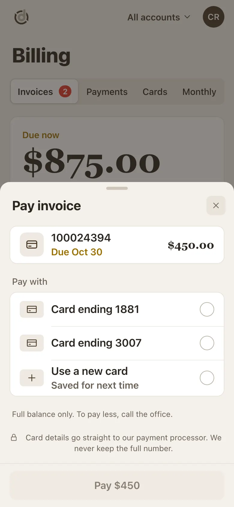 Pay invoice window with saved cards ending 1881 and 3007, Use a new card, and a Pay $450 button