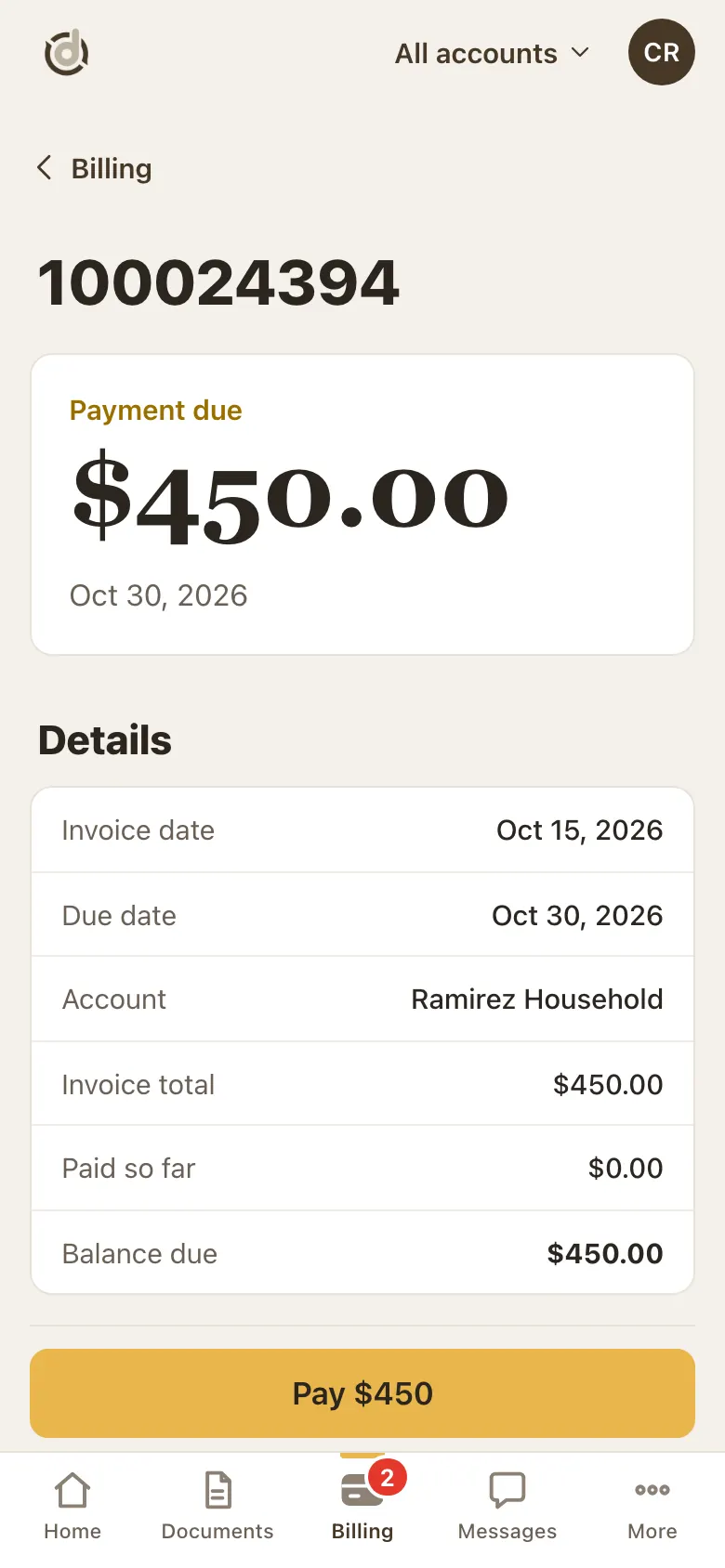 Invoice page showing Payment due $450.00, invoice date, due date, paid so far and balance due