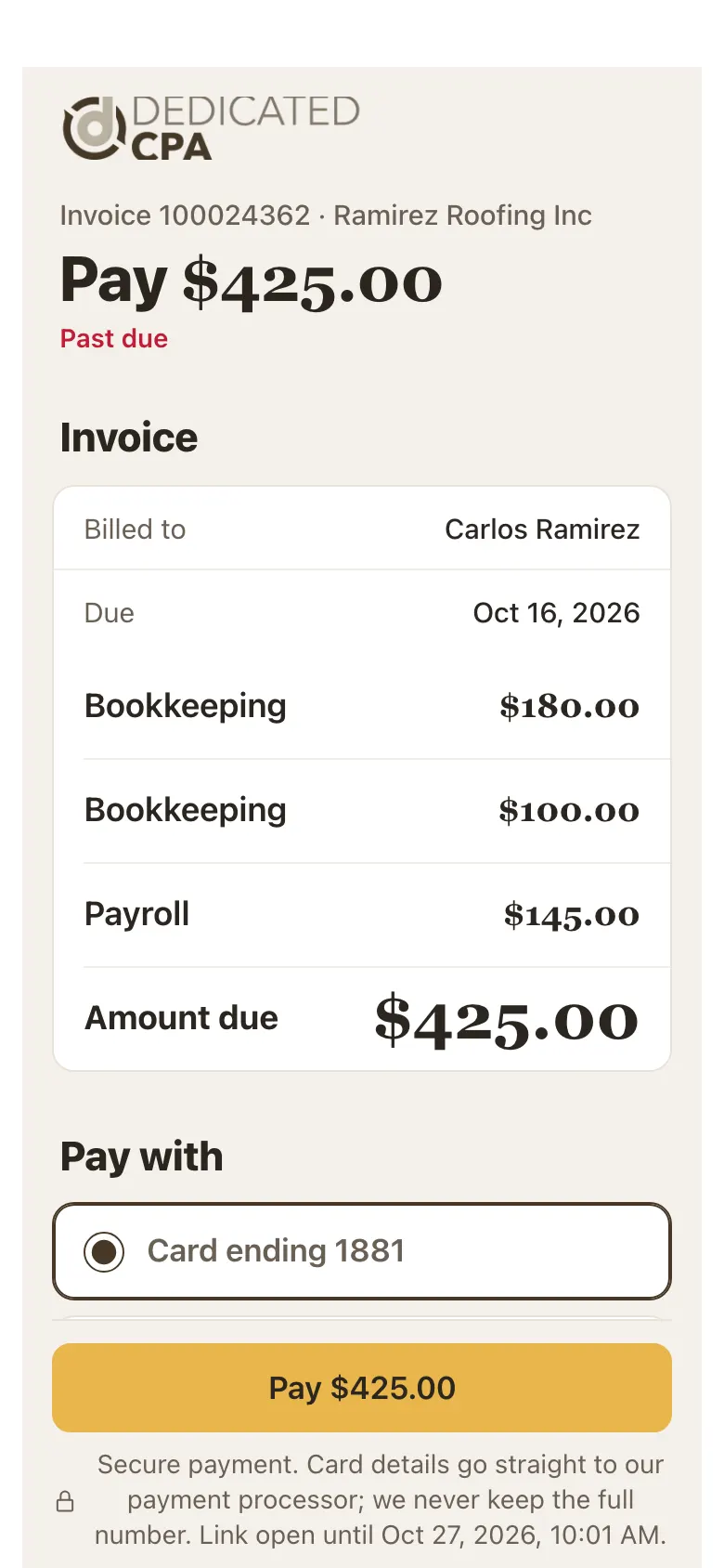 Pay page from the invoice email showing Pay $425.00, Past due, the invoice lines and Amount due