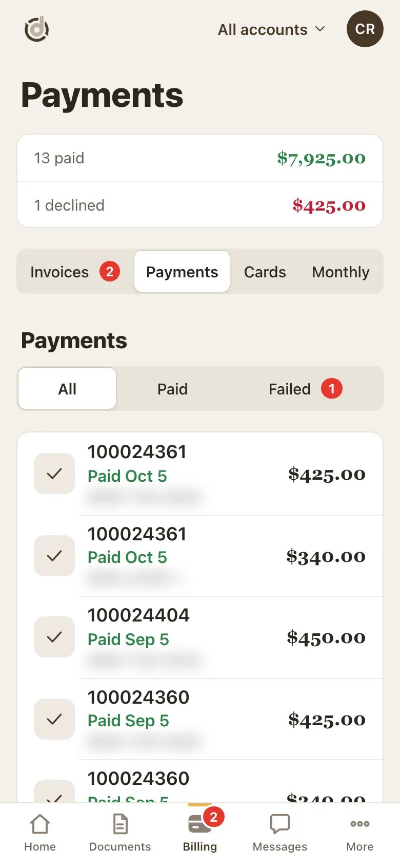 Payments page with totals for paid and declined, filters All, Paid, Failed and a list of paid payments