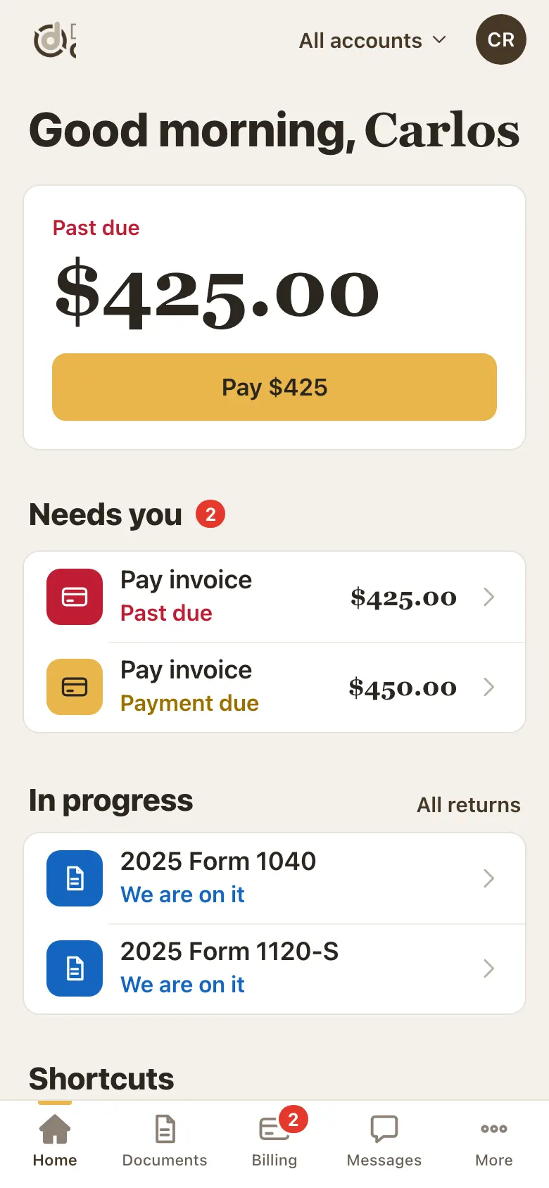 Portal Home screen on a phone showing a past due amount, a gold Pay button, the Needs you list and In progress returns