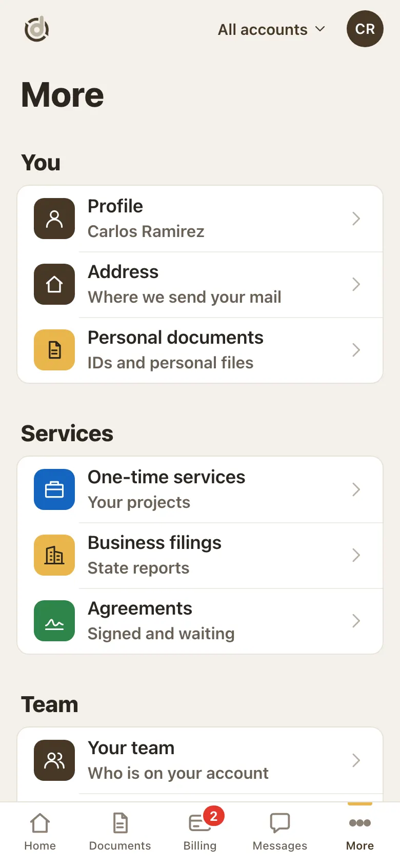 The More tab listing Profile, Address, Personal documents, One-time services, Business filings and Agreements