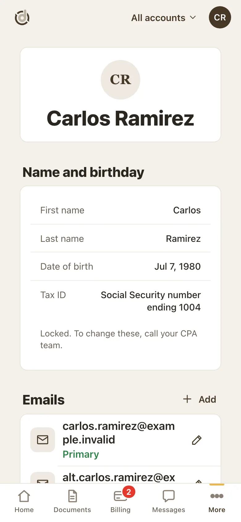 Profile page with name, date of birth and Social Security number ending 1004, marked locked