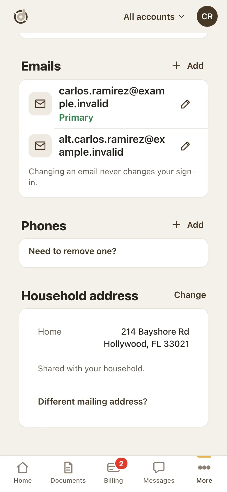 Emails, Phones and Household address cards on the Profile page
