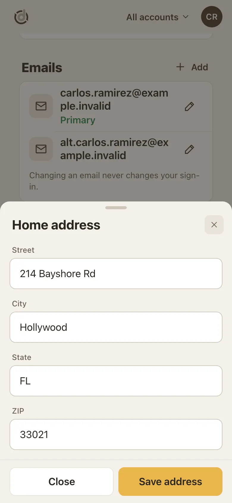Home address window with Street, City, State and ZIP fields, Close and Save address