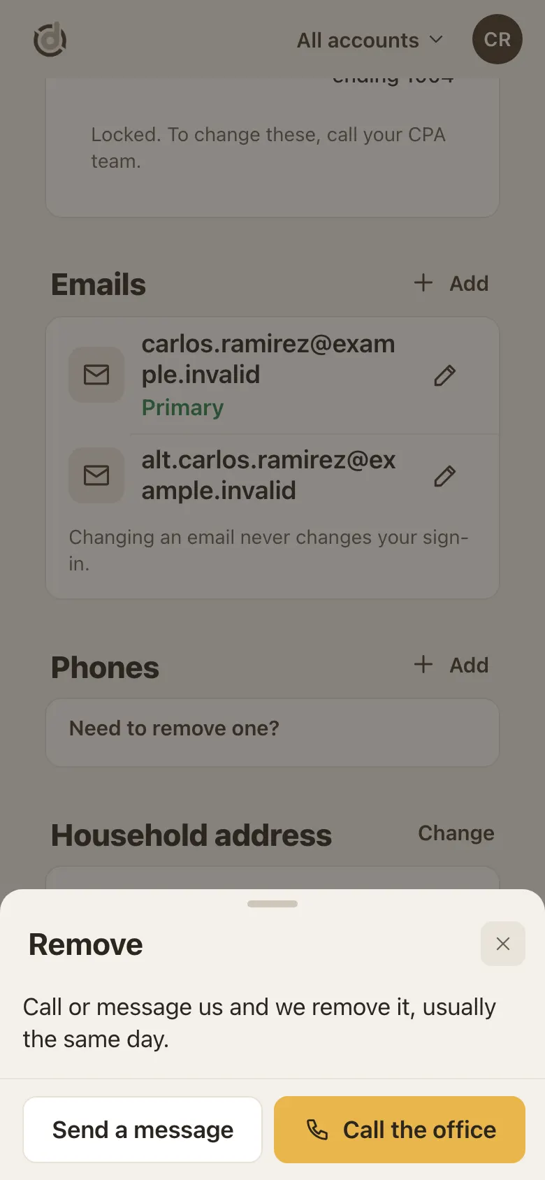 Remove window: Call or message us and we remove it, with Send a message and Call the office