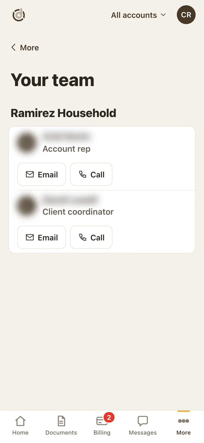 Your team page with two team members, their roles, and Email and Call buttons
