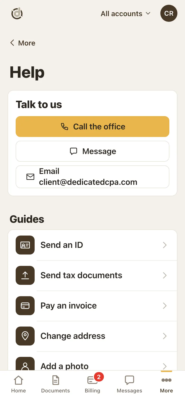 Help page with Call the office, Message, Email, and a list of guides